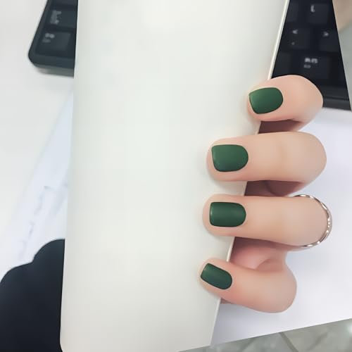 Dark Green Short Square Fake Nails, 48PCS Press on Nail,Natural False Nails,Acrylic Artificial Fake Nail Full Cover False Nails for Women Nail Art (Green, One Size)