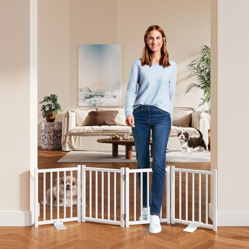 Snughome Short Dog Gate Indoor, 16 High Freestanding Small Dog Door Gates with Support Feet, Expands Up to 48’’ Wide Foldable Pet Gate for Doorway, 4 Panel Folding Pet Door Pet Fence for Puppy, White