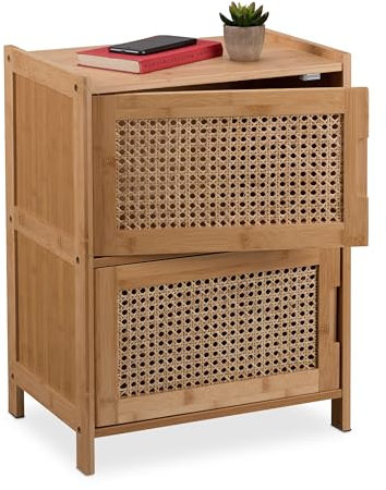 Relaxdays Armoire d'appoint, 2 Portes en rotin, HLP : 56x42x30 cm, Salon, Chambre, 2 étagères, Naturel