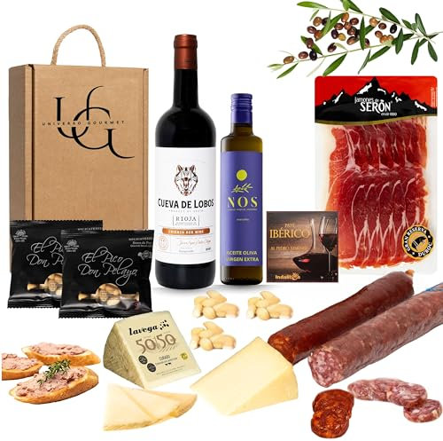 UNIVERSO GOURMET | Exklusive Gourmet-Geschenkbox | Rotwein g.U. Rioja | Natives Olivenöl Extra | Iberische Bellota-Wurstwaren | Gran Reserva Schinken & Schafskäse | Perfektes Geschenkset | Präsentkorb