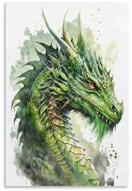 ZZXYHM Fantasy Creatures Poster, Aquarell, grüner Drache, Wandkunst, dekoratives Gemälde, Wandbild, moderne Dekoration, hängendes Kunstposter, 60 x 90 cm