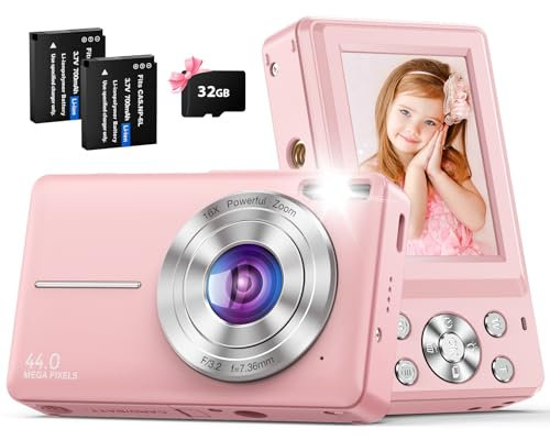 Digital Camera Compact Digital Camera 44MP 1080P HD Video, 32GB TF Card, 2.4 IPS Screen, Dual Batteries, 20 Filters, Anti-Shake & Smile Detection for Kids, Teens, Beginners Pink