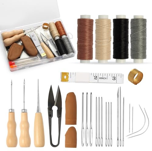 Kit Riparazione Pelle con Filo Cerato, Aghi Curvi & Punteruoli - 4 Rulli, 34 Aghi, per Sedili Auto, Divani e Vele (4 filo cerato)