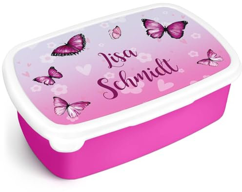 GRAVURZEILE Bedruckte Lunchbox - Schmetterling - Personalisiert mit Namen - Brotdose für Kinder - Individuell bedruckt - Platzsparend stapelbar - Perfekt für Schule & Kita - Farbe: Pink