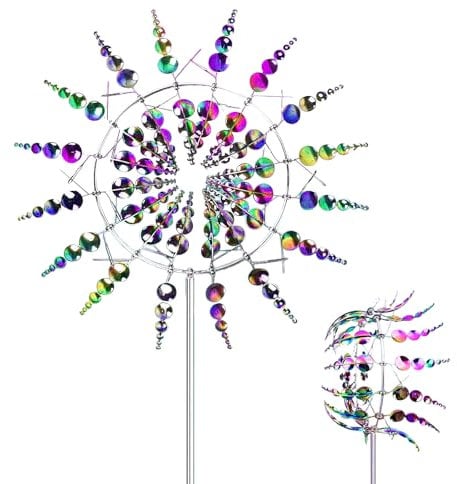 ARTGUTS Einzigartige und Magische Metall Windmühle, 3D Windbetriebene Kinetische Windrad Garten Metall, Windbetriebene Kinetische Wind Spinner, Gartenstecker Windspiel für Terrasse Rasen Garten