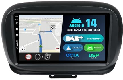 BXLIYER |Built-in DAB| Android 14 Autoradio Per Fiat 500X (2014-2020) - Wireless CarPlay/Android Auto - 4G+64G - Camera + MIC - Volante 360-CAM Dual-Band WIFI DSP Bluetooth - IPS 9 Pollici 2 Din