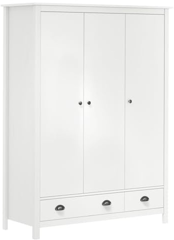 Emmtore Kiefernholz Massiv Kleiderschrank mit 3 Türen 2 Schubladen Garderobenschrank Holzschrank Schrank Schlafzimmerschrank 127x50x170cm,Weiß