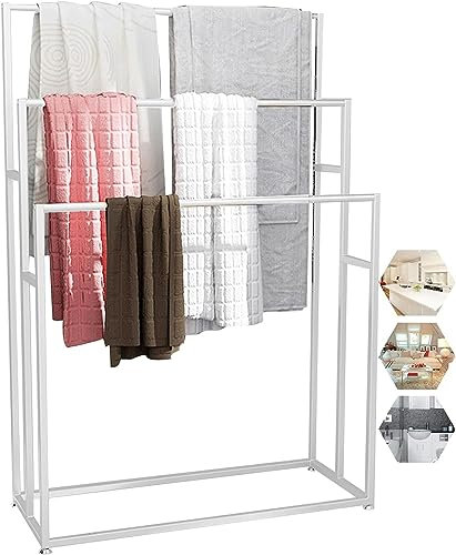 Toallero de metal independiente de 3 niveles, elegante almacenamiento de baño blanco para toallas, ropa y toallas de mano, diseño de escalera que ahorra espacio para decoración de baño