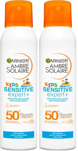 Garnier Sonnenspray LSF 50 für Kinder, Wasserfest und Sandabweisend, Ambre Solaire Kids Sensitive expert+ Anti-Sand Spray LSF 50+, 1 x 150 ml (Packung mit 2)