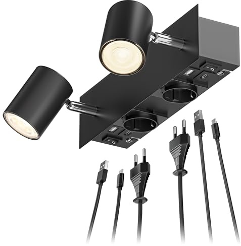 ledscom.de Wandspot WAIKA, 2-flammig, schwarz, Steckdosen, USB-C, USB-A, inkl. LED GU10 Lampen, je 1103lm, 33°, warmweiß