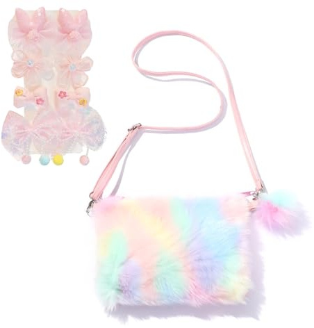 GWAWG Plüsch Kinder Umhängetasche Mädchen Mit Regenbogen Kleine Geschenke Für Mädchen Und 8PCS Pinkes Schleife,Kinder Umhängetasche Praktische Geburtstagsgeschenke Für Girls