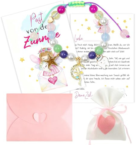 Fourindo Zahnfee Geschenke Mädchen, Zahnfee Postkarte, Zahnfee Perlenarmband, Schutzengel Zahn Verloren Geschenke, Milchzahn Bunt Armbänder für Geburtstag, Taufe Oder Weihnachten
