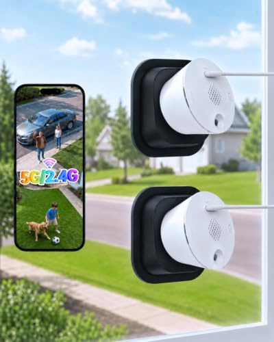SYMYNELEC 5GHz/2.4GHz Window Cameras, 18° Tilt Mount, Home Security, 2-Pack | No Subscription, 2K Full Color Night Vision, Person Vehicle Detection, Adhesive Glass Mounting, 24/7 Recording