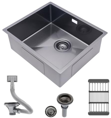 Sarlai Black 304 Stainless Steel Kitchen Sink 50x43x18.5cm with Overflow | Sinlge Bowl Undermount Small Sink with Drainer Basket, for Kitchen,Bar,Campervan & Outdoor