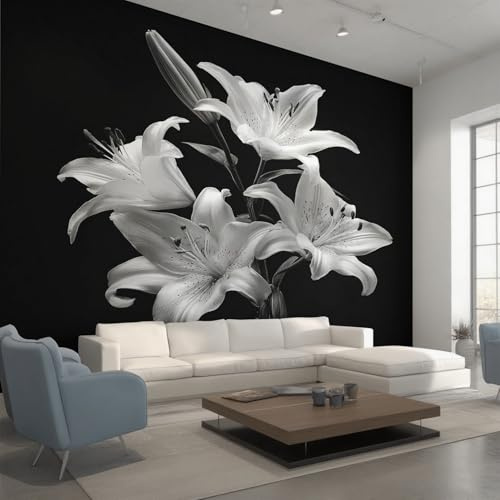Non-Woven Lily Flowers Wallpaper - Black White Floral Wall Mural for Bedroom, Living Room Background Decoration, Home Decor Photo Wall Paper 250x175 cm (WxH)