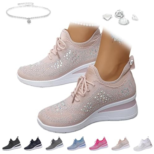 Baskets compensées respirantes avec strass pailletés pour femme - Baskets athlétiques à enfiler - Chaussures de marche à plateforme scintillante, rose, 37.5 EU