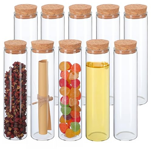 Glasreagenzgläser mit Korken, Borosilikat, Hitzebeständig, Klar | Luftdicht Verschließbar, 10 Stück, für Warmgetränke, Gewürze, Hydroponik und Deko Projekte