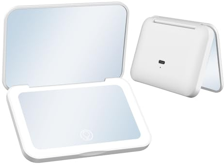 QUMOX Miroir de Maquillage Compact Rechargeable LED, B1288, Blanc | Comprend un miroir standard pour le maquillage quotidien et un miroir grossissant 2X pour les gestes précis comme l’eyeliner.