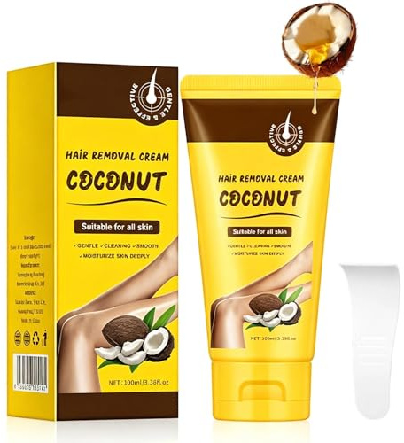 Hair Removal Cream for Women & Men, Coconut Oil Sensitive Depilatory Cream, Facial Hair Remover Cream for Face, Body & Bikini Area, Gentle Smooth Hair Removal