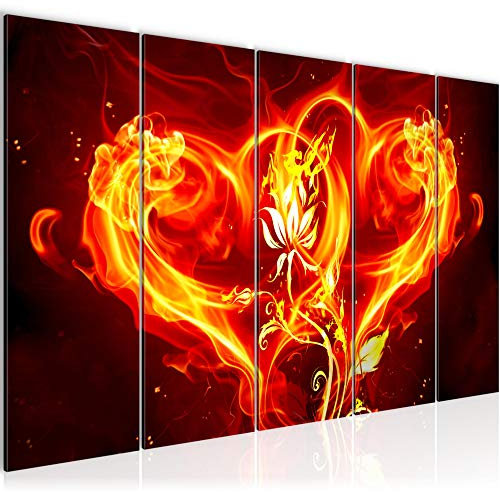 Runa Art Wandbild XXL Feuer Herz Wohnzimmer 200 x 80 cm Rot 5 Teilig - Made in Germany - 102255a