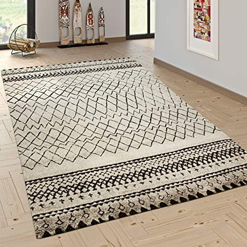 Paco Home Teppich Wohnzimmer Schlafzimmer Kurzflor Vintage Boho Ethno Skandi Geometrisches Muster Streifen Rauten Design, Grösse:80x150 cm, Farbe:Creme 3
