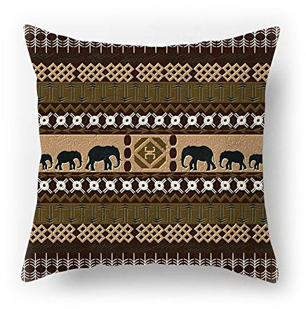 Kissenbezug, Motiv: Löwe, Elefant, Giraffe, Ethnodruck, beidseitig bedruckt, dickes Baumwollleinen, 120 g, 45 x 45 cm, Braun, Baumwoll-Leinen, 02, 45 x 45 Centimeters