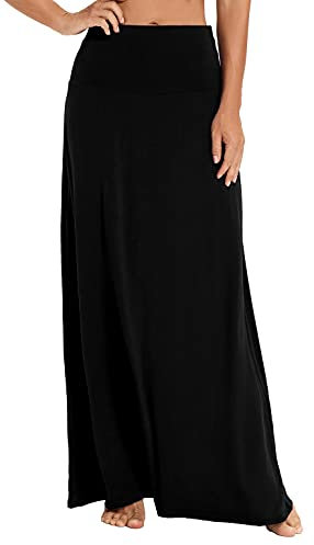 Exchic Maxirock für Damen, Bohemian-Stil, Druck/einfarbig, elastischer Bund, lang, Schwarz, Klein