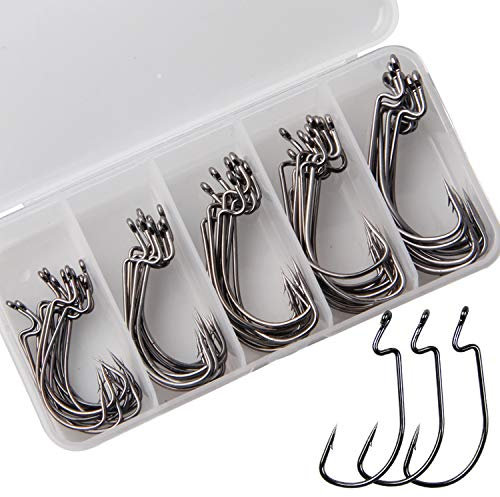 Offsethaken Wurm Angelhaken Set mit Kunststoff-Box,Offset Angeln Haken für Gummiköder Gummifische Jigs Creature Köder, Salzwasser Angelhaken Angelzubehör Kit (50stk/Box(1#-4/0))