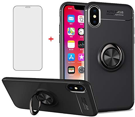 Phone Case for iPhone Xs Max with Tempered Glass Screen Protector Cover Magnetic Stand Ring Holder Accessories Shockproof Silicone iPhonexsmax i Xsmax X Max SX XR 10xs 10s 10 Plus Xmax Men Black
