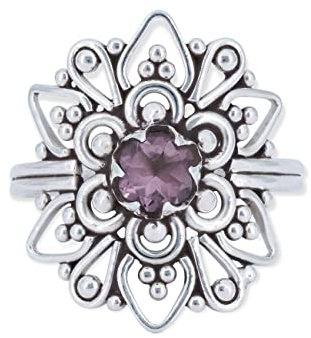 mantraroma 925 Sterling Silber Amethyst Ring Damen – Facettierter Edelstein Silberring im Vintage Stil