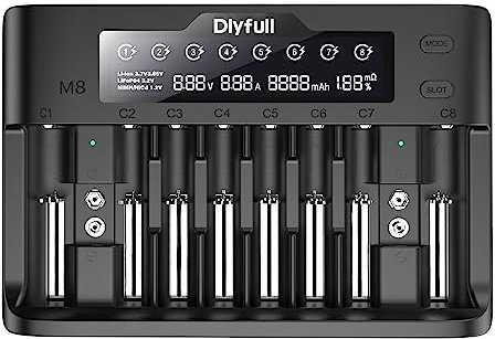 Dlyfull Chargeur de batterie universel 10 compartiments - Chargeur rapide pour batteries Li-Ion, NI-MH, NI-Cd, LiFePo4, 18650, 21700, AA, AAA, C, 9 V