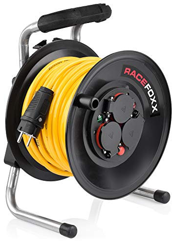 RACEFOXX Kabeltrommel Kabel Stecker mit Panzerkabel 25 m Steckdose Outdoor Camping Rennstrecke