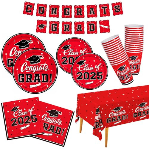Graduation Party Supplies Gatherfun 2025 Graduation Party Dinnerware Set Red Disposable Paper Plates Napkins Cups Tablecloth Banner for Congrats Grad Party Decorations, Serve 25