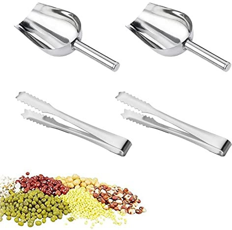 Monsully Pala de Hielo de Acero Inoxidable, 2 Inoxidable Pala de Frutas Secas y 2 Pinzas de Servir Pala Cuchara de Hielo, para Harina, Cubitos de Hielo, Comida, Frijoles