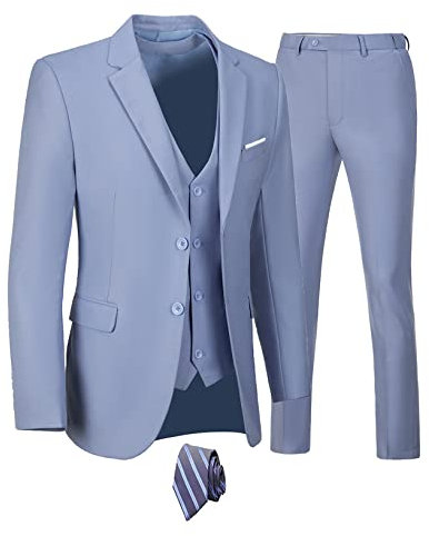 Furuyal Herren Anzüge 3-teiliges Slim Fit Anzug-Set, zwei Knöpfe, Hochzeit, Business, Smoking, solide Blazer, Jacke, Weste, Hose mit Krawatte, Lavendel, 3XL