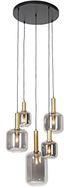 Qazqa - Modern Hängelampe I Pendellampe I Pendelleuchte schwarz mit Gold I Messing mit Rauchglas 5-flammig – Zuzanna I Wohnzimmer I Schlafzimmer - Rund - LED geeignet E27