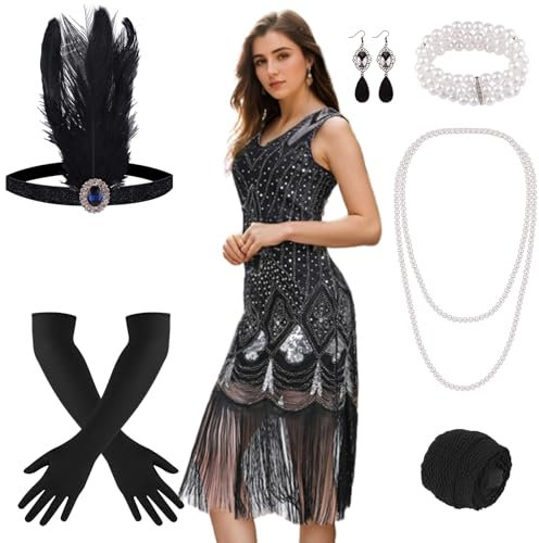 PLULON 1920er Flapper-Kleid mit Pailletten und Fransen und 20er-Accessoires-Set (Schwarz und Splitter)
