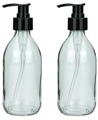 mikken Lot de 2 distributeurs de savon, de lotion, de shampoing, en verre transparent, convient à un usage alimentaire, avec étiquettes inscriptibles