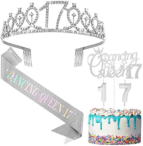 Crowye 17. Geburtstag Queen Party Dekorationen 17. Tiara Krone Schärpe Geburtstag Queen 17 Kuchen Topper Kerzen Dekorationen Partyzubehör Geschenke (Silber)