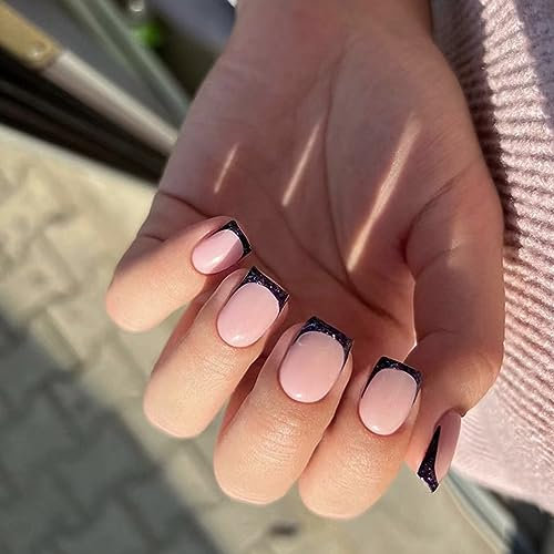 AKOFIC 24 Pcs Short Square False Nails, Natural Nude Press on nails French Tip with Nail Adhesive Tabs, Bright Blue Border Design Acrylic Fake Nails Stick on Nails for Women No Glue, Girls Nail Salon