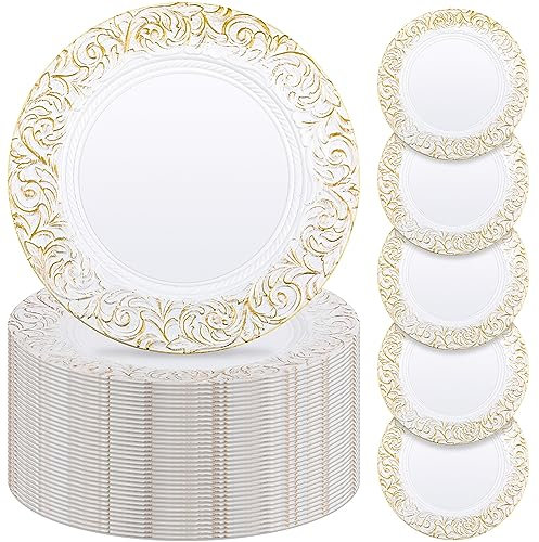 Zhehao 50 Pcs Antique Charger Plates Bulk 13 Inch Embossed Rim Plastic Decorative Round for Dinner Wedding Party Event Table Setting Decoration(White)