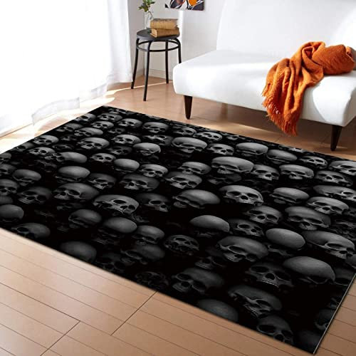 TEMLAN Schwarzer Horror-Schädelkopf Teppiche Gegend, Gruseliges Skelett Kurzflor Teppiche für Wohnzimmer, Schlafzimmer, Kinderzimmer, Büro, etc 40 x 60cm