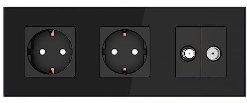 PULSAR Sat Dose Unterputz mit Kabel Dose und Schuko Steckdose 3-Fach Rahmen Glas Schwarz Kabel/SAT Anschlussdose Antennendose, TV SAT/Kabel Steckdose