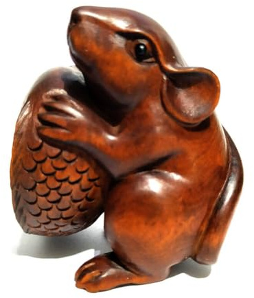 YTDJJWLS Handgeschnitzte Buchsbaumfigur, 5,1 cm, Netsuke, Maus und Fisch