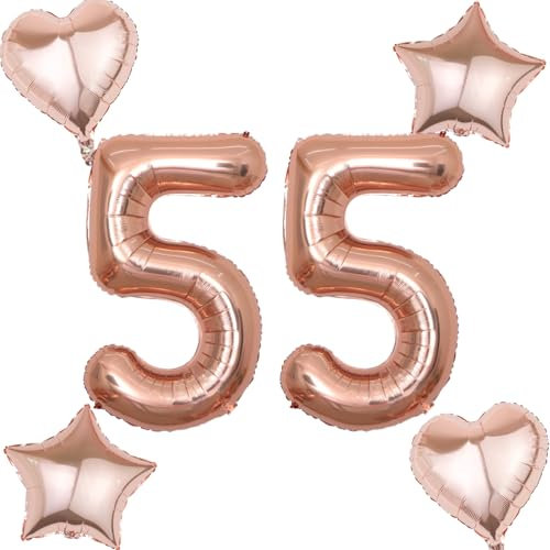Rosegold Luftballons Zahl 55+4 pcs herz/stern Folienballon Zahl 55 .Geburtstag frau mädchen,55 Riesenzahl Ballons 55 .geburtstagsdeko frauen,Zahlenballon 55, Helium Ballons 55 Zahlen Luftballon