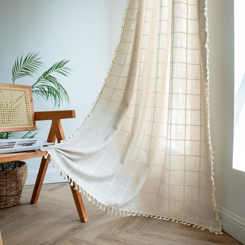 Sutuo Home Boho-Vorhänge für Schlafzimmer, Wohnzimmer, 213 cm Länge, Vintage-Karo-Vorhänge, Bauernhaus, Vintage-Chic, Quasten, Fensterbehandlung, Bohemian-Drapierung, 1 Paneel (B x L) 132,1 x 213,4 cm
