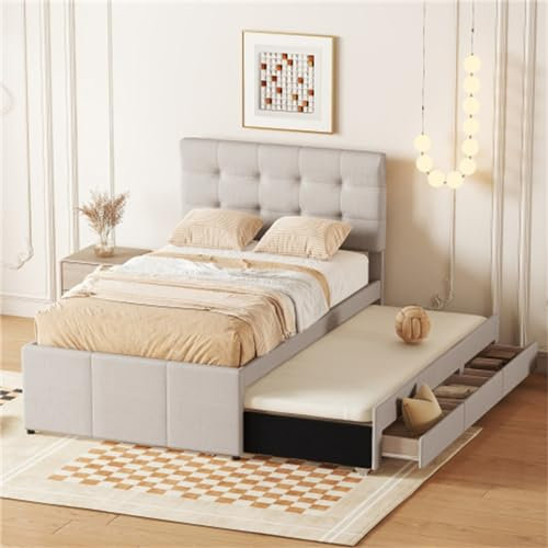 Tcewhhy Polsterbett Verstellbares Kopfteil Ausziehbares Bett Ehebett Mit Drei Schubladen Stauraum Einzelbett Jugendbett Für Erwachsene Jugendliche Gästebett Familienbett Beige 90x200cm