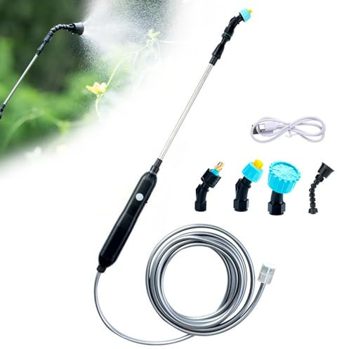Hojalis Akku Drucksprüher, Drucksprüher Elektrisch, Gartenspritze Drucksprüher Akku, Elektrischer Gießstab mit 4Düsen & 10M Schlauch, Wiederaufladbare USB, für Garten Hof Rasen Unkraut