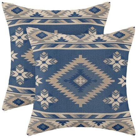 CXMEIFLY Boho Azteken-Kissenbezüge, 50,8 x 50,8 cm, Set mit 2 Stück, Motiv: Western Indianer, Blau/Beige, Geometrie, Dekor, Dekokissen für Couch, Bett, Dekoration