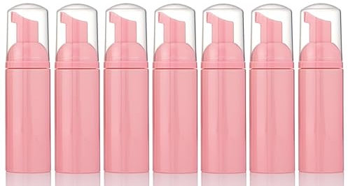 7 x Empty Lash Shampoo Bottles 60ml Lash Foaming Pump Bottles Dispenser Airless Foam Pump Bottles (Pink Bottle/Pink Pump/Clear Lid)